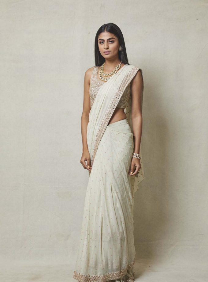 Buy White Saree Georgette Hand Pre-draped Ruffle With Tasselled Blouse For  Women by Arpita Mehta Online at Aza Fashions.