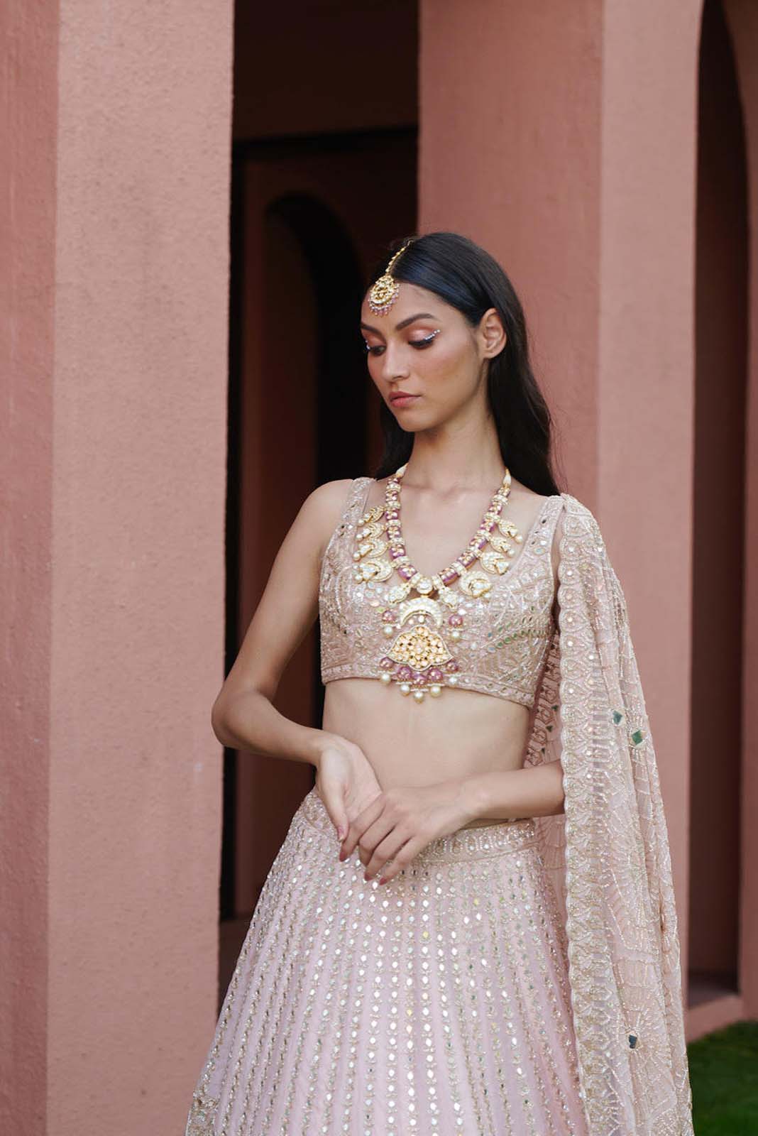 Dust pink and rose gold lahenga set – Arpita Mehta Official