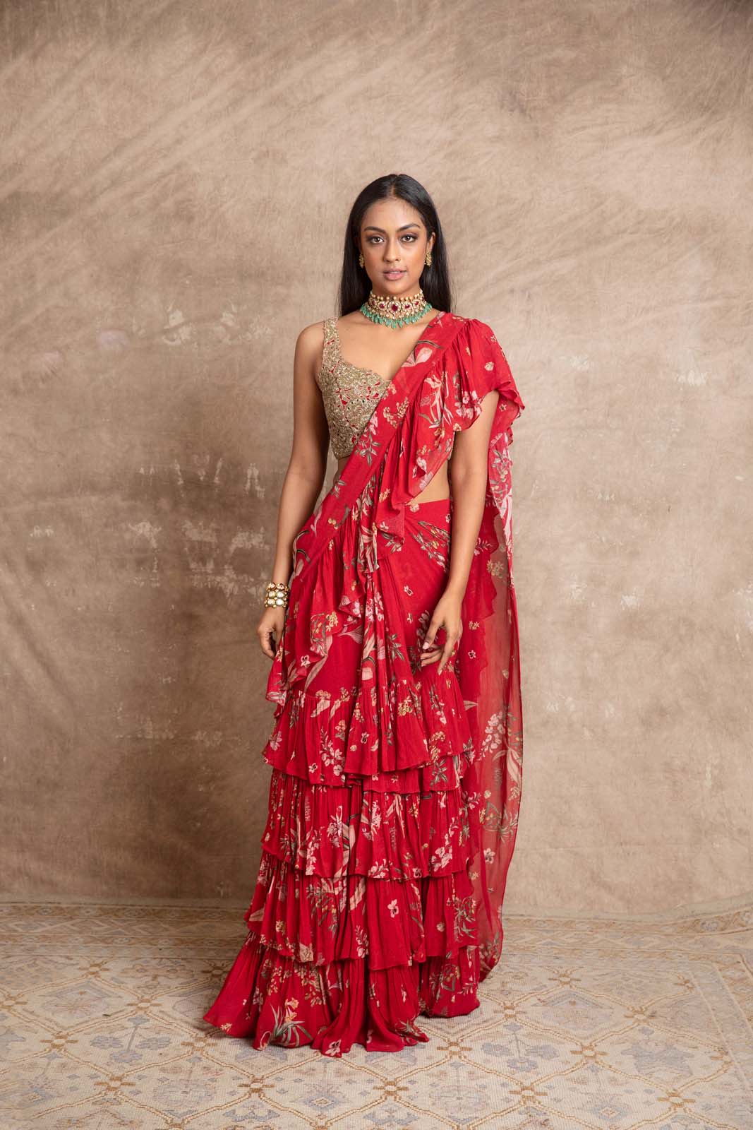 Shop Latest Pre Stitched Foral Print Cherry Red Saree Online