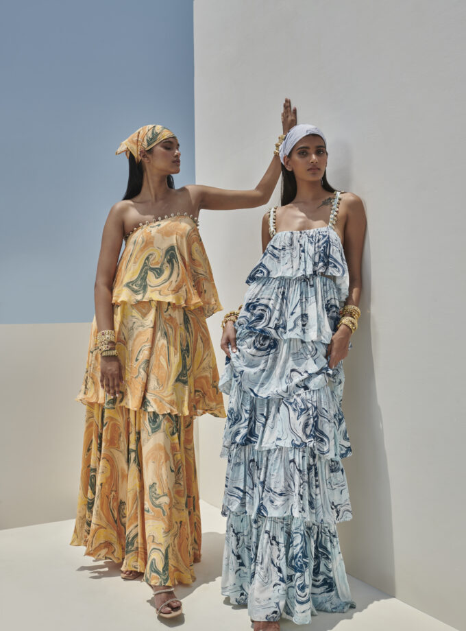 Peach marble print tiered maxi dress