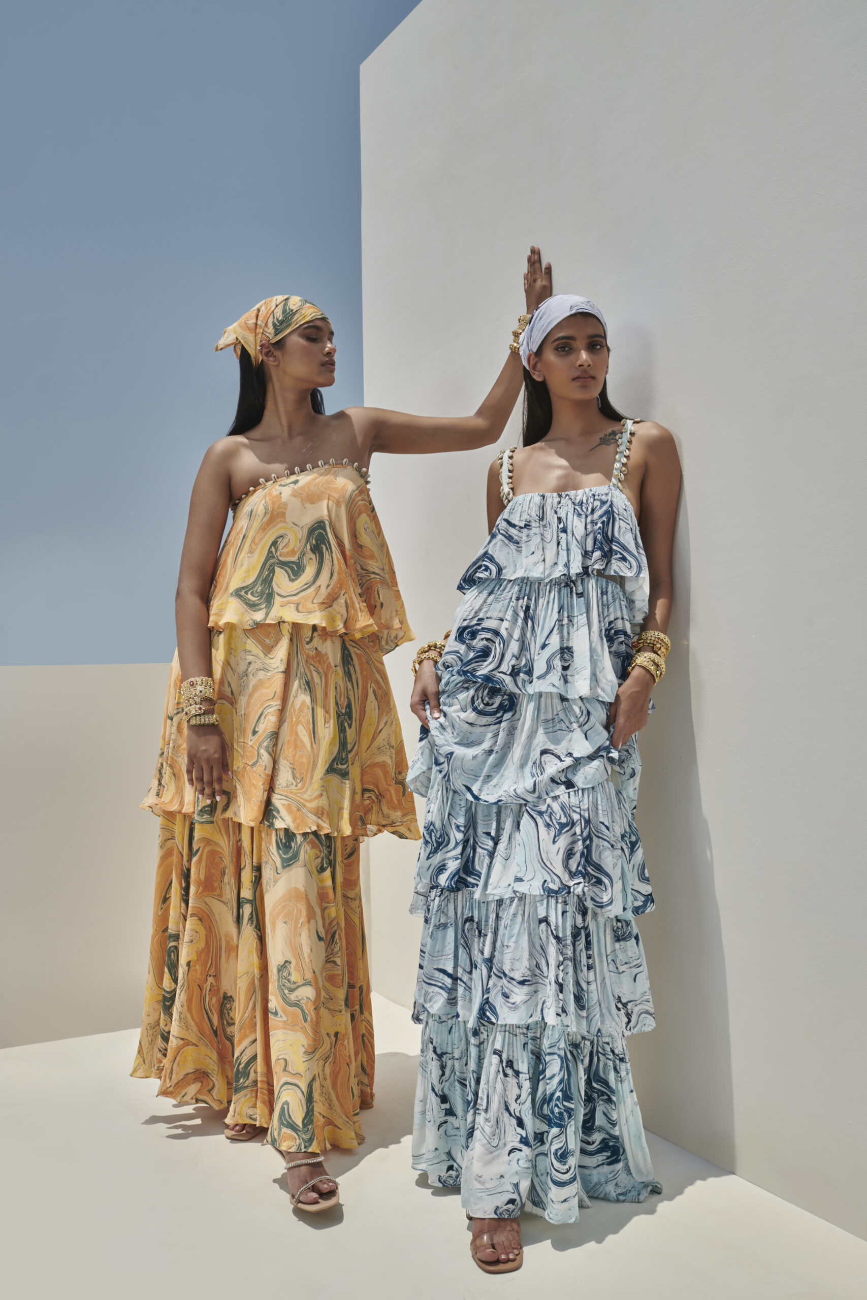Peach marble print tiered maxi dress