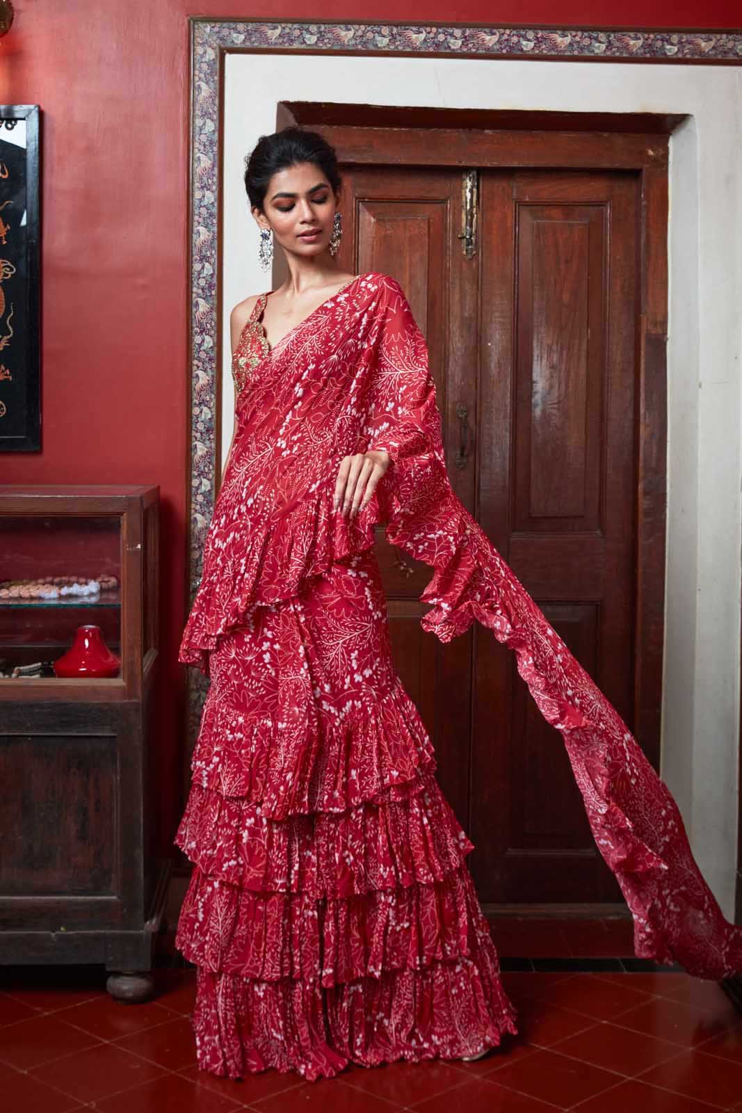 Red & sand garden print ruffle sari set – Arpita Mehta Official