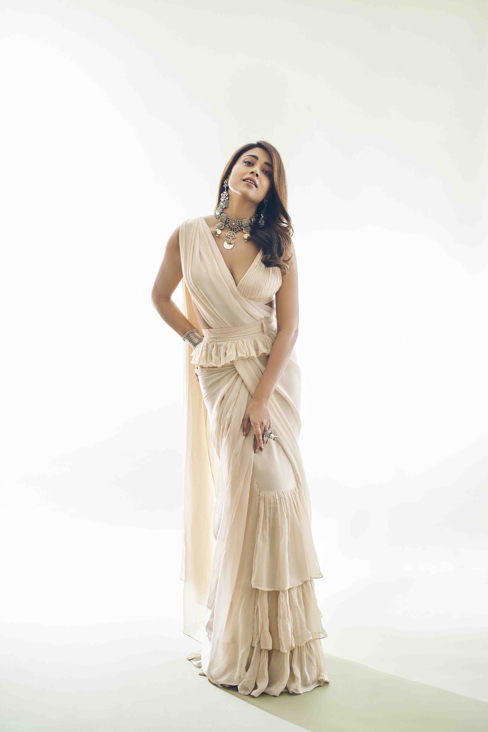 Coconut ruffle sari, pleated blouse set – Arpita Mehta Official