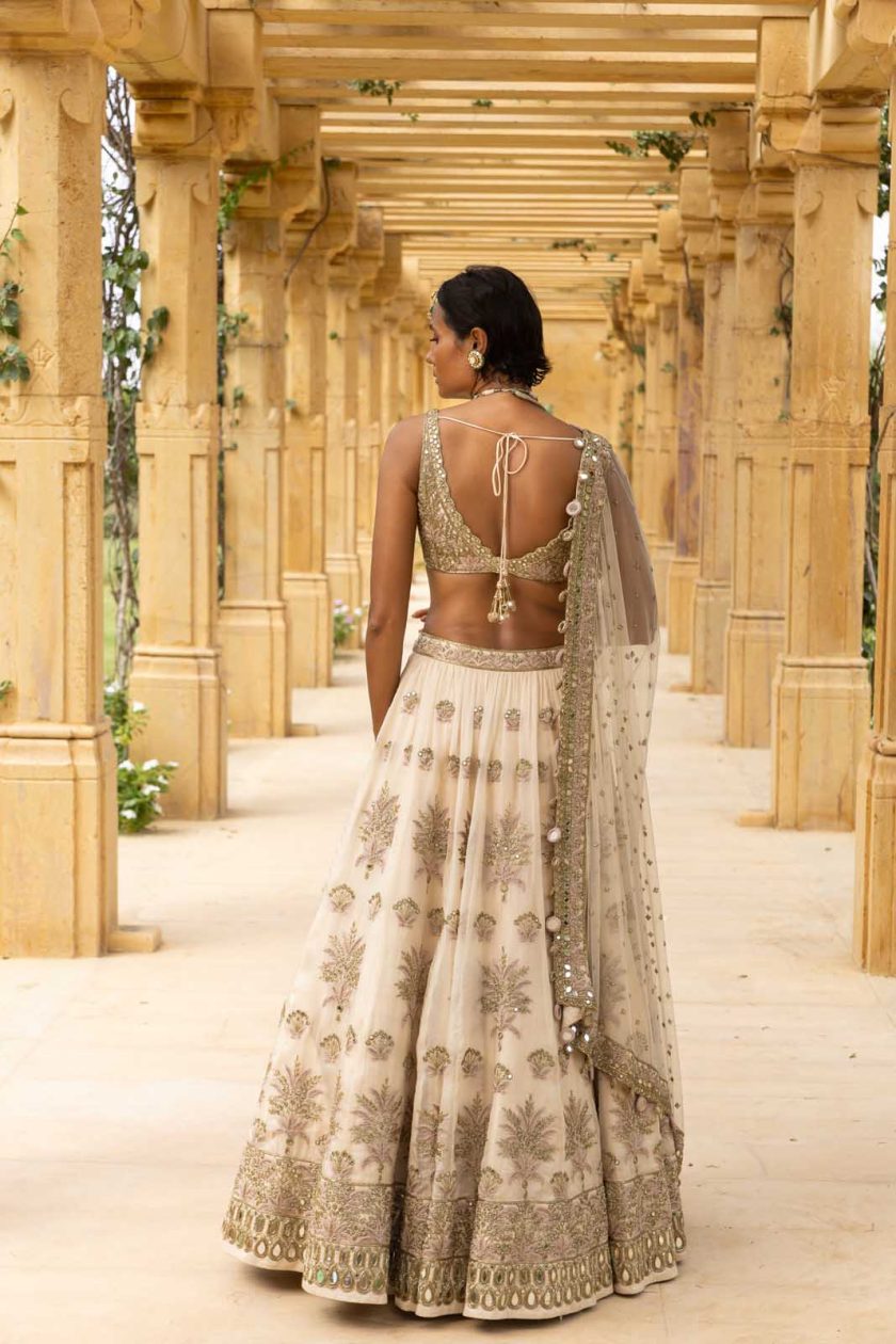 Coconut and gold hand embroidered lehenga set. - Image 3