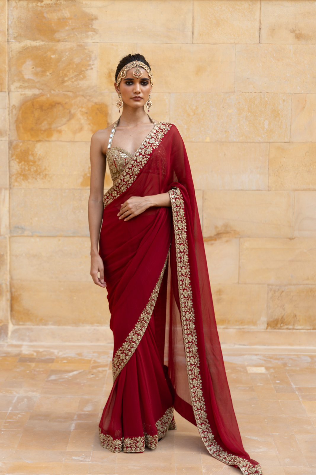 Red floral print ruffle sari set – Arpita Mehta Official