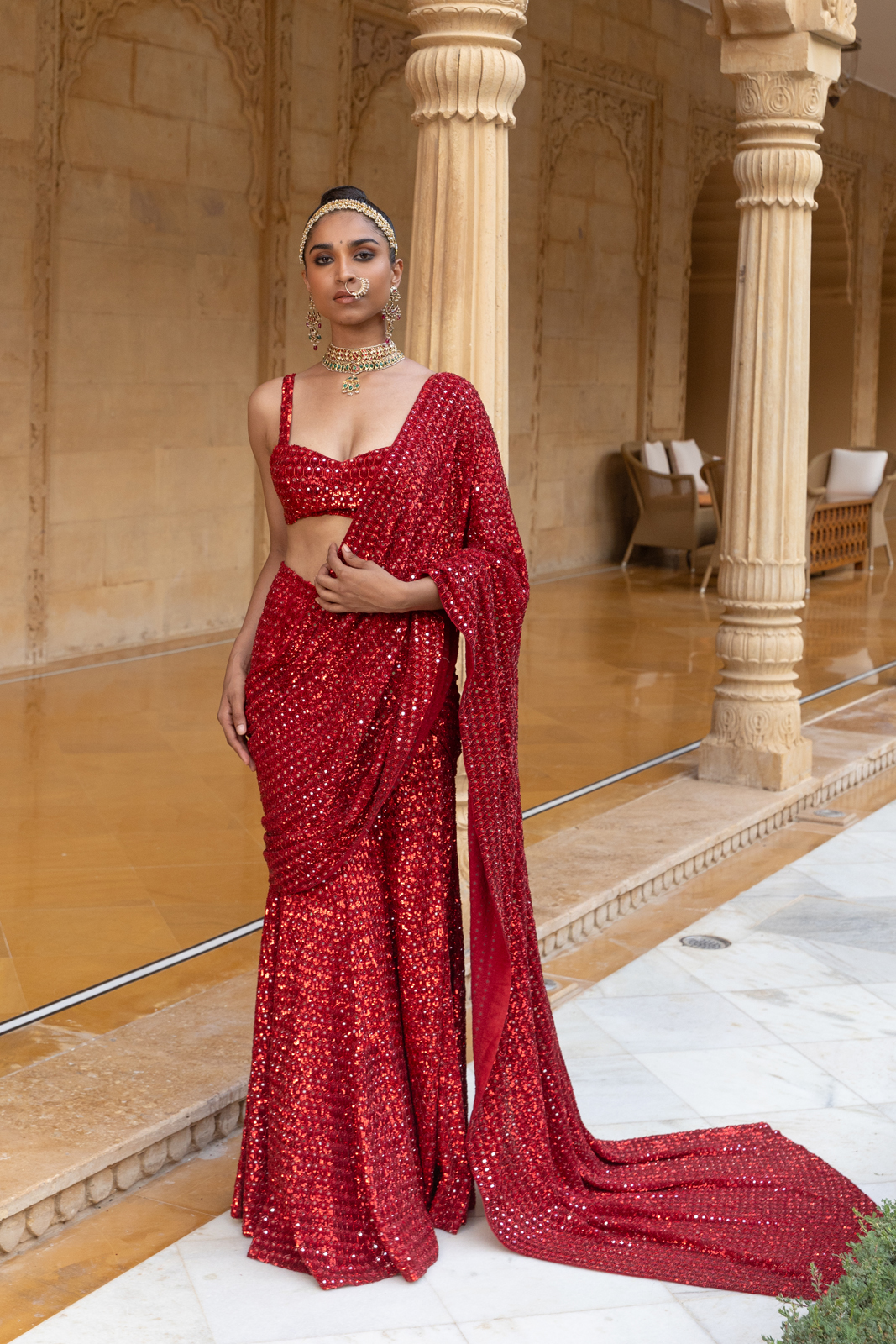 All Red hand embroidered sequin sari set. – Arpita Mehta Official