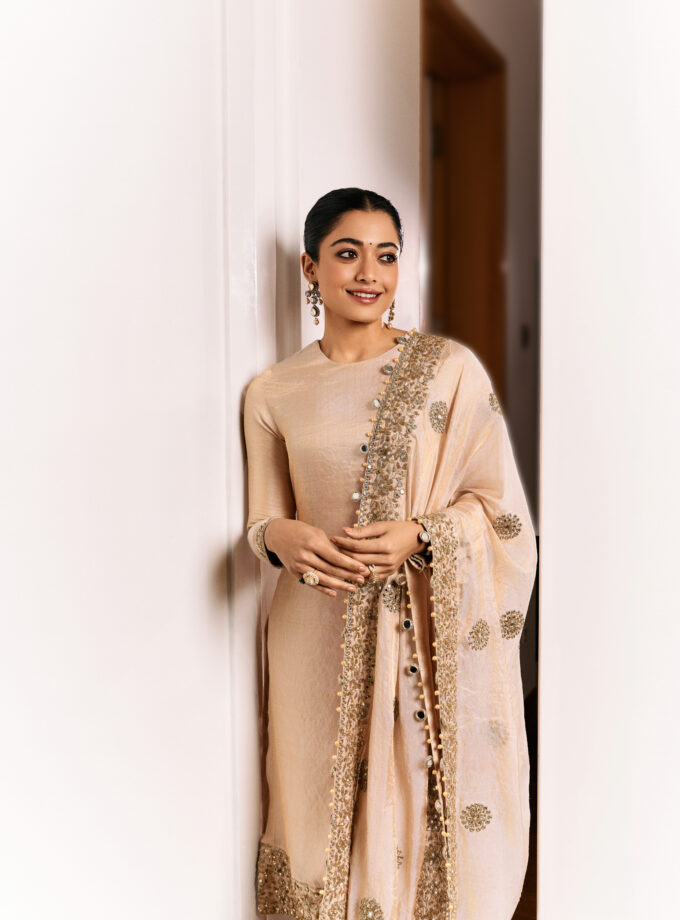 Gold tissue hand embroidered kurta dupatta and churidar set