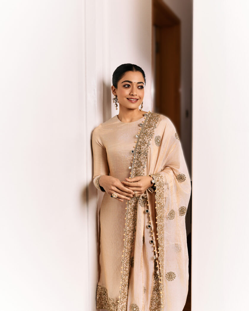 Gold tissue hand embroidered kurta dupatta and churidar set