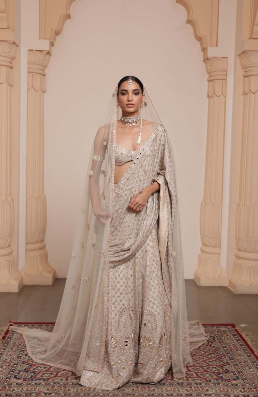 Rose gold paisley hand embroidered tissue sari set