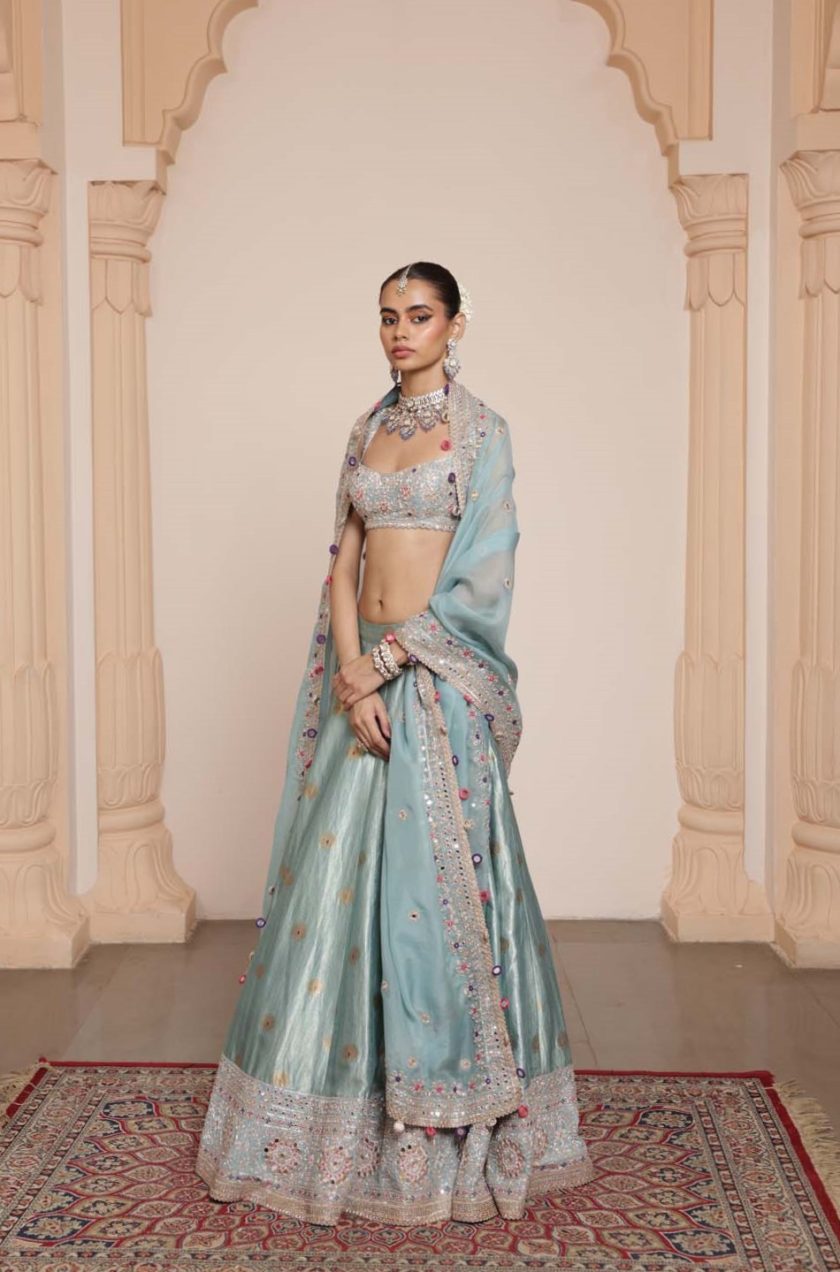 Ice blue hand embroidered banarasi lehenga set