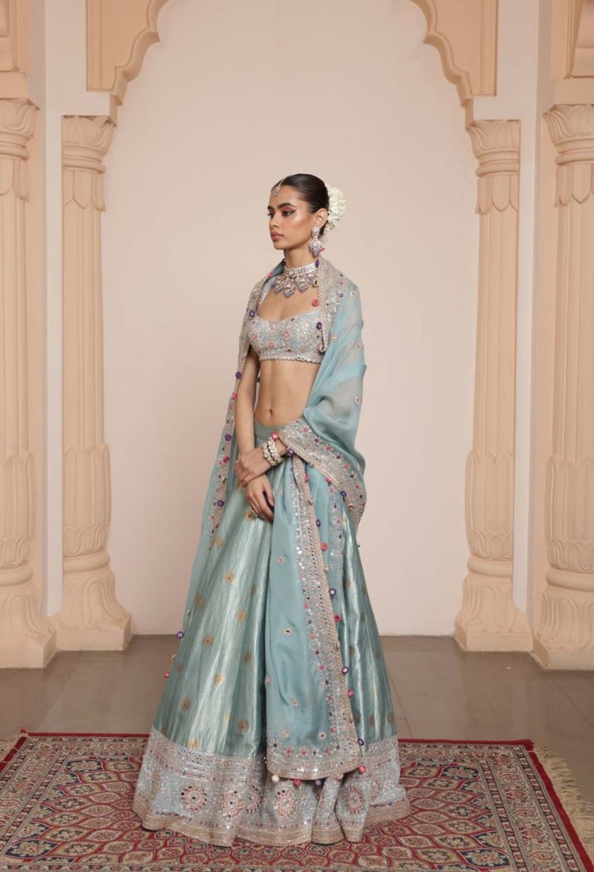 Ice blue hand embroidered banarasi lehenga set - Image 2