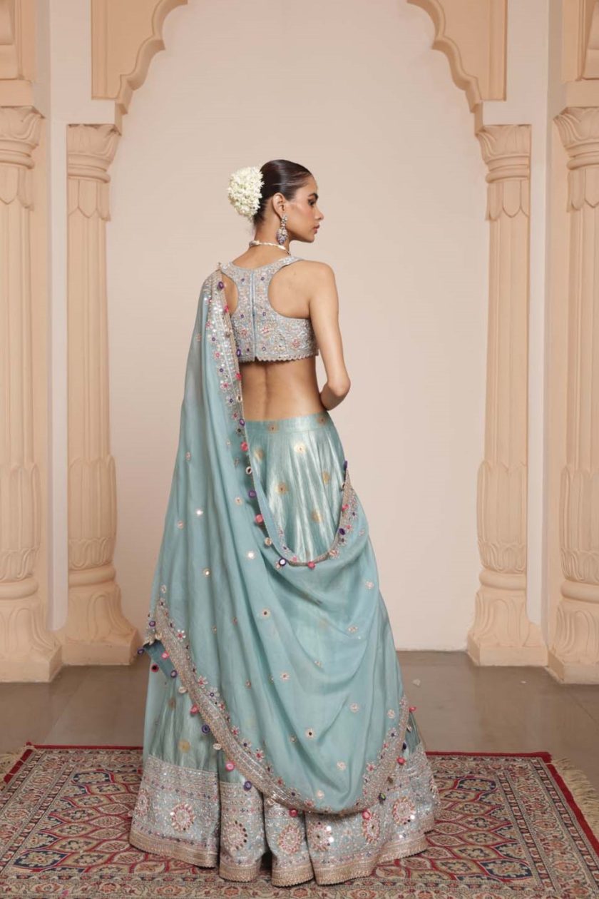 Ice blue hand embroidered banarasi lehenga set - Image 3