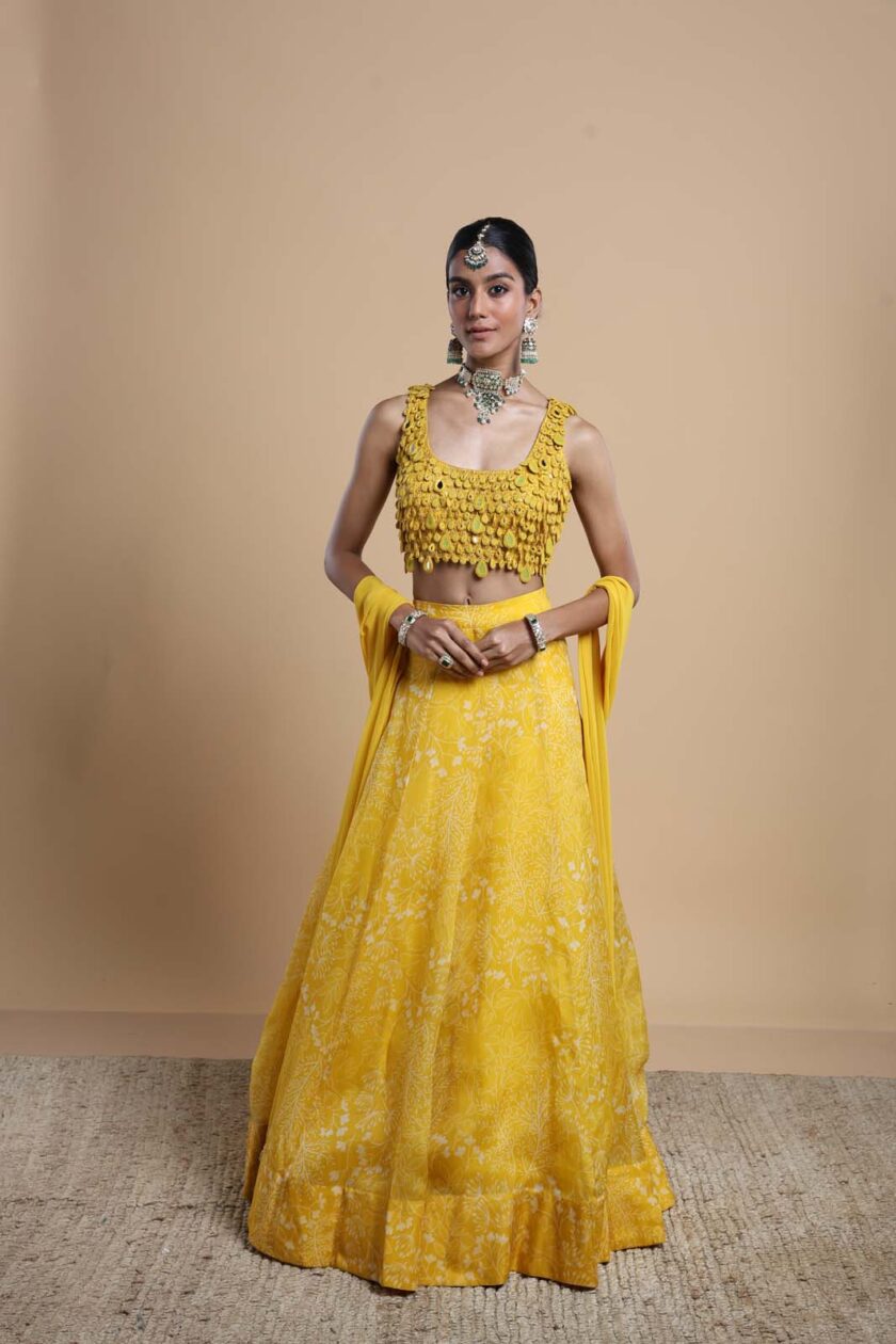 Yellow printed organza lehenga set