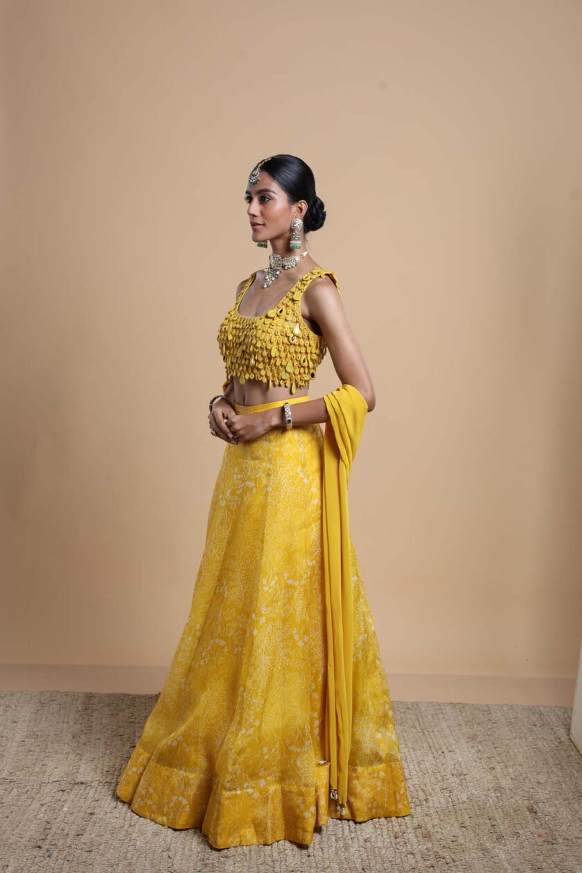 Yellow printed organza lehenga set - Image 2