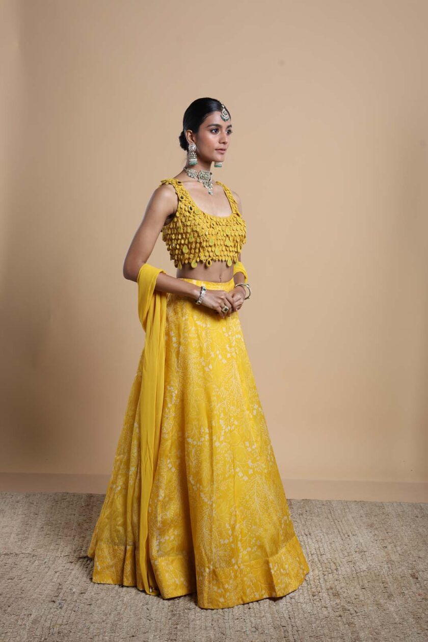 Yellow printed organza lehenga set - Image 3