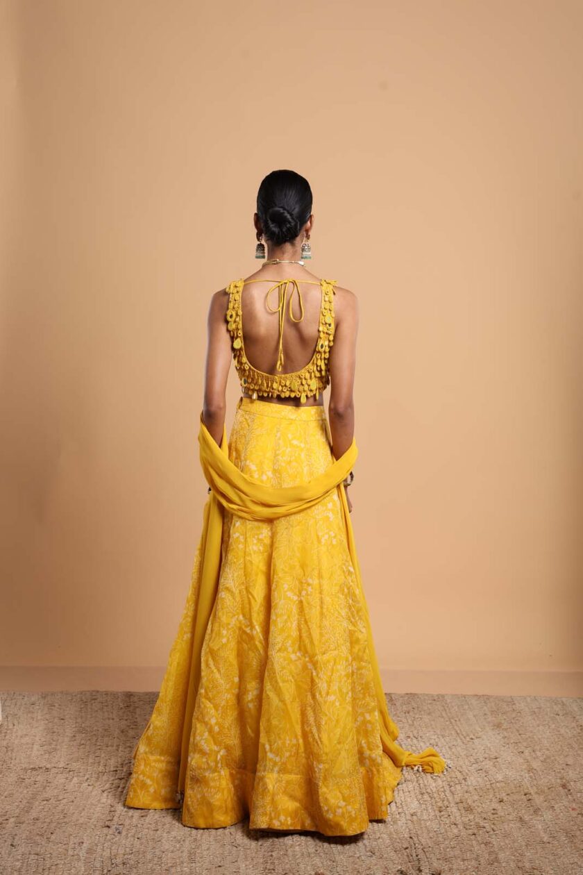 Yellow printed organza lehenga set - Image 4