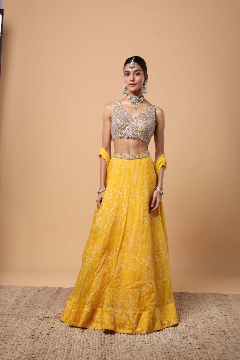 Yellow printed organza lehenga set