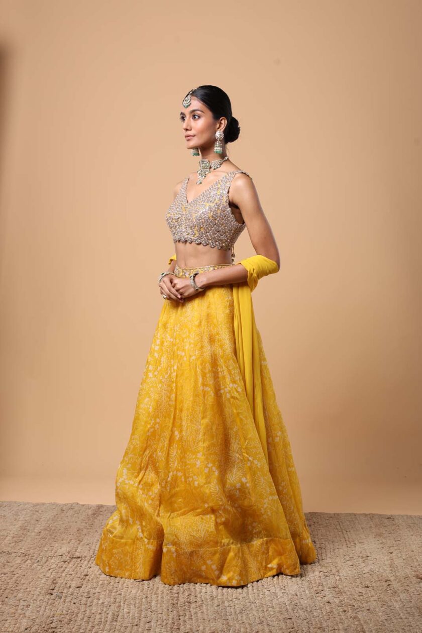 Yellow printed organza lehenga set - Image 2