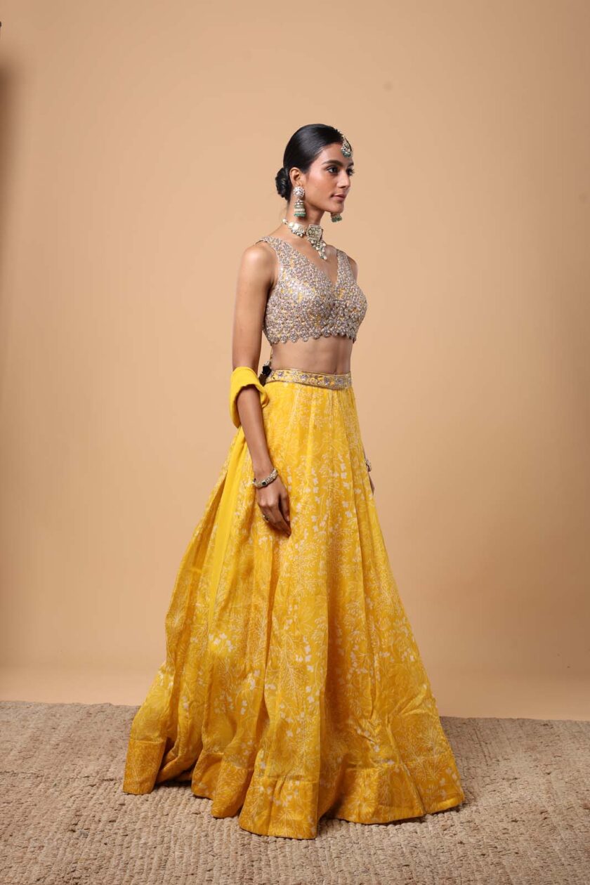 Yellow printed organza lehenga set - Image 3