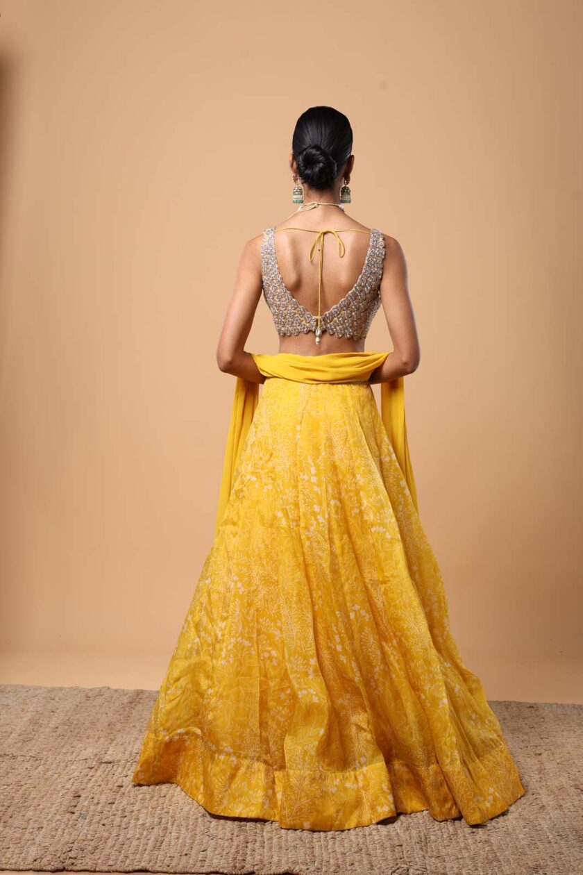 Yellow printed organza lehenga set - Image 4