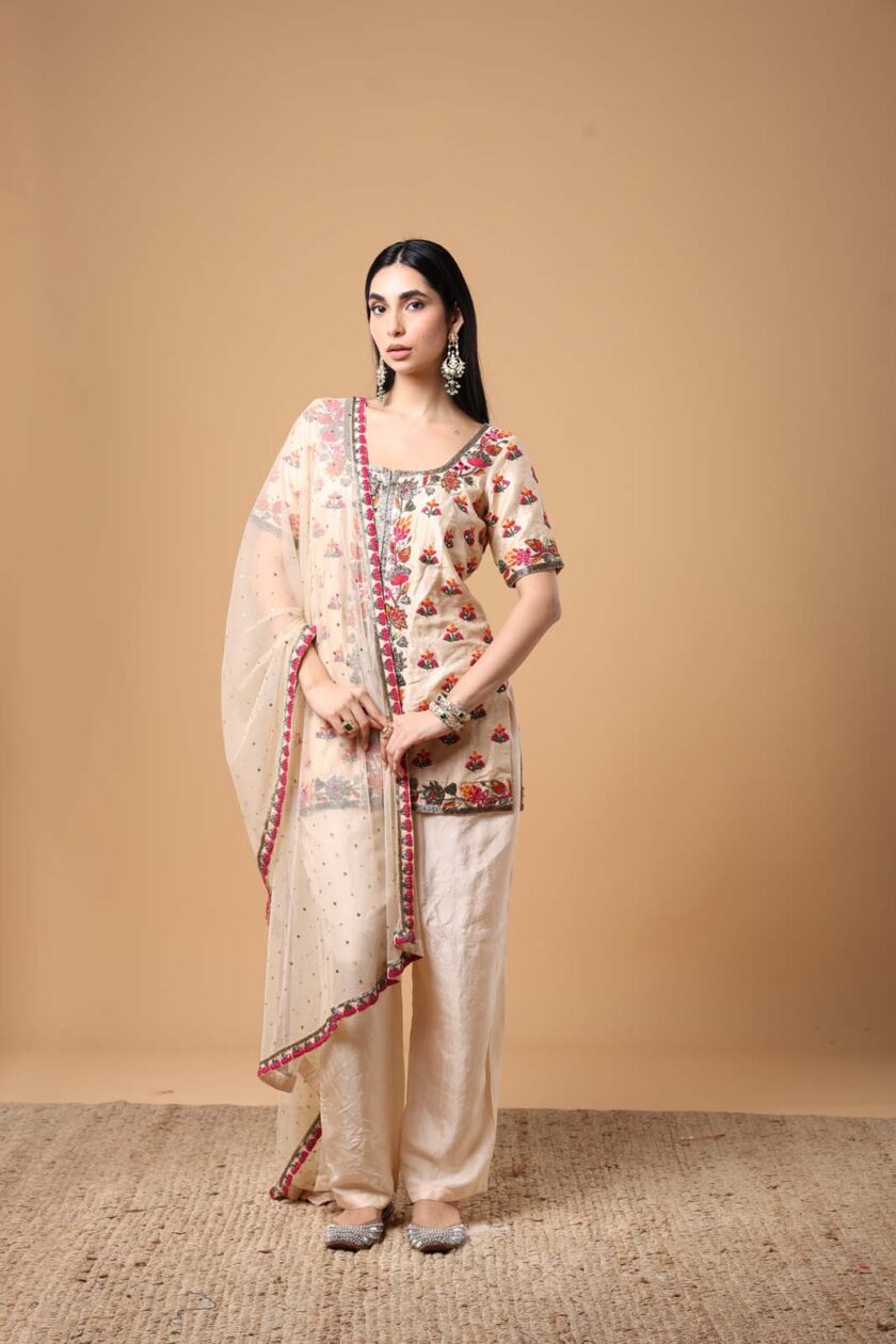 Coconut & multi thread hand embroidered short kurta set