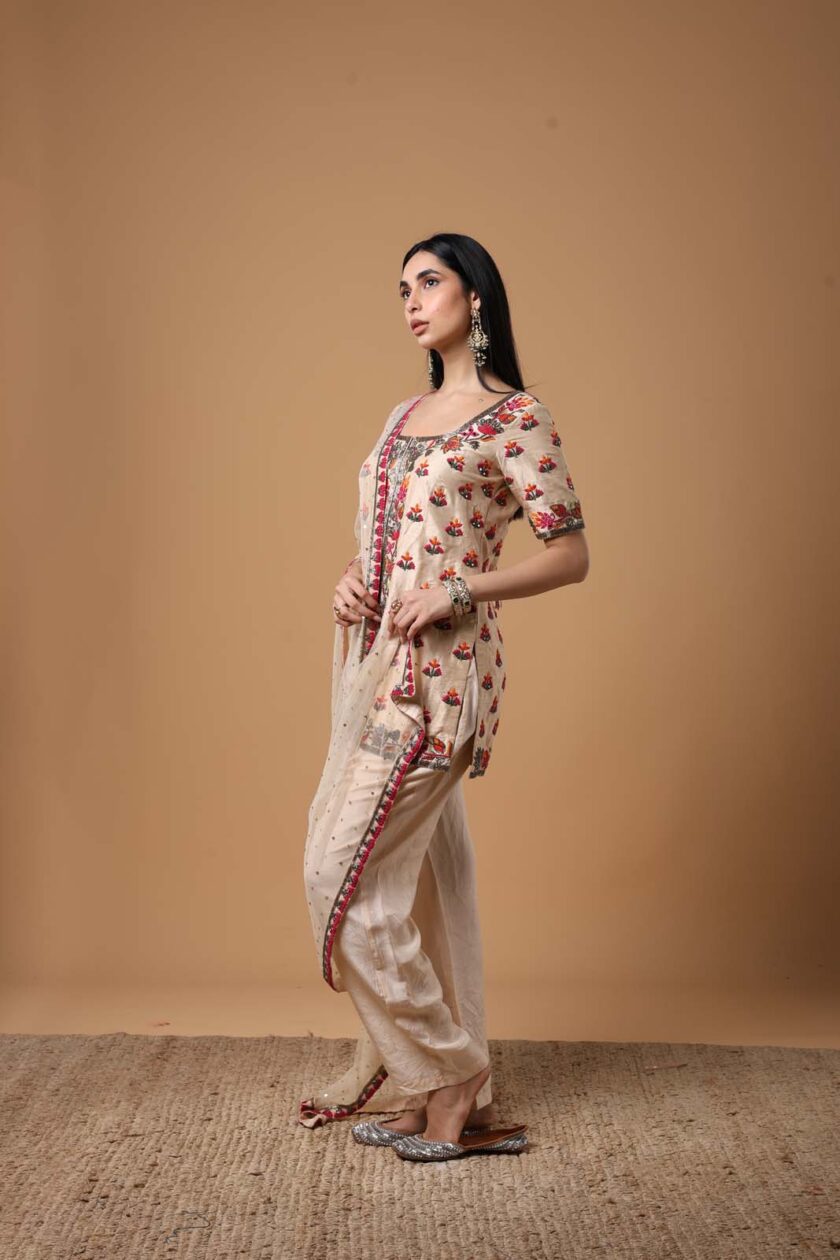 Coconut & multi thread hand embroidered short kurta set - Image 2