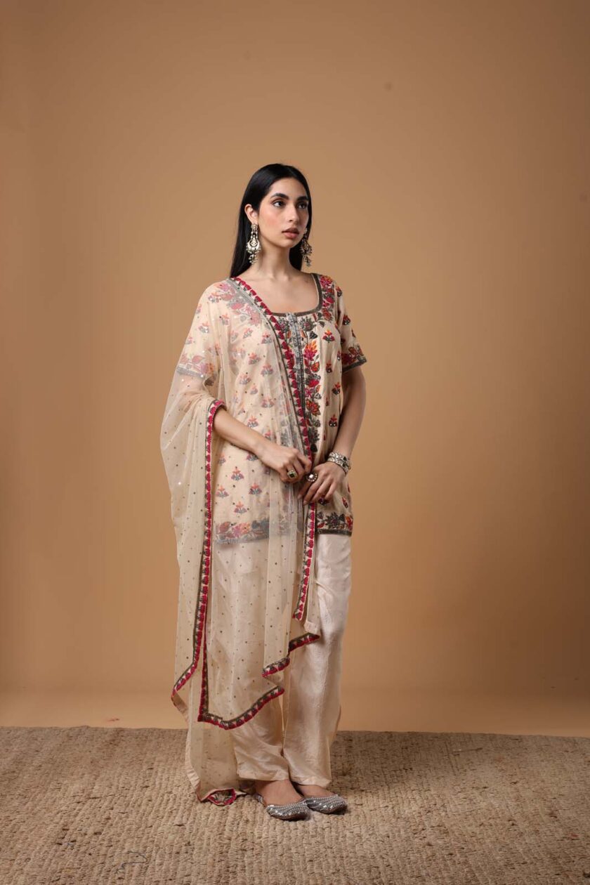 Coconut & multi thread hand embroidered short kurta set - Image 3