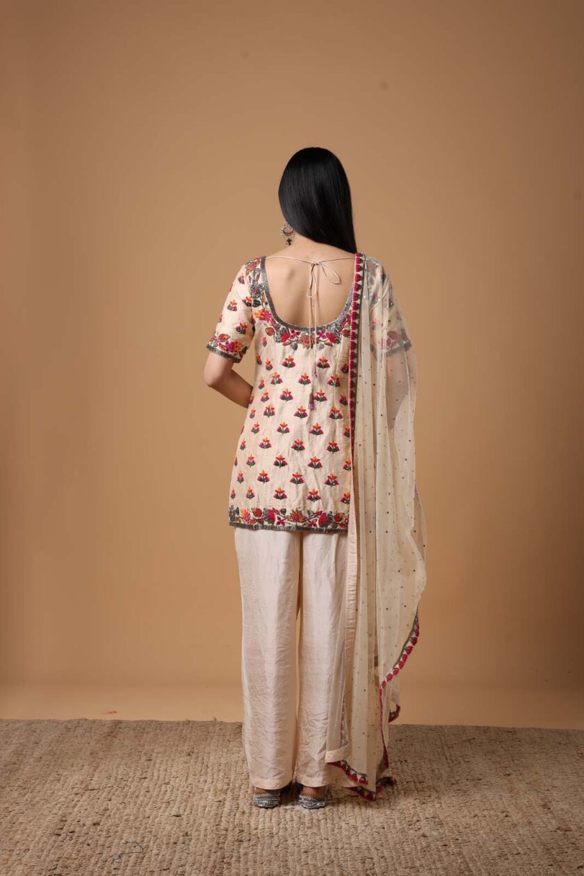 Coconut & multi thread hand embroidered short kurta set - Image 4