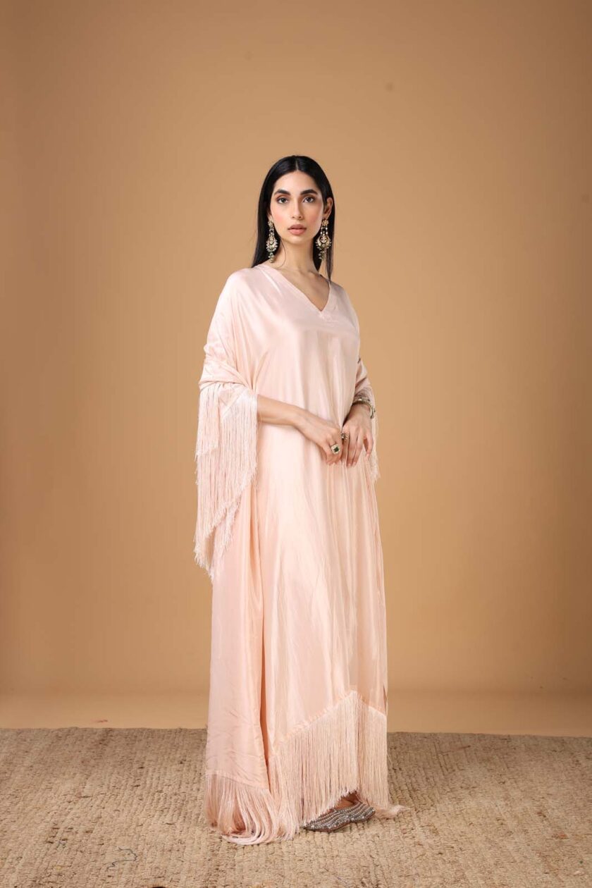 Baby pink fringe kaftan set