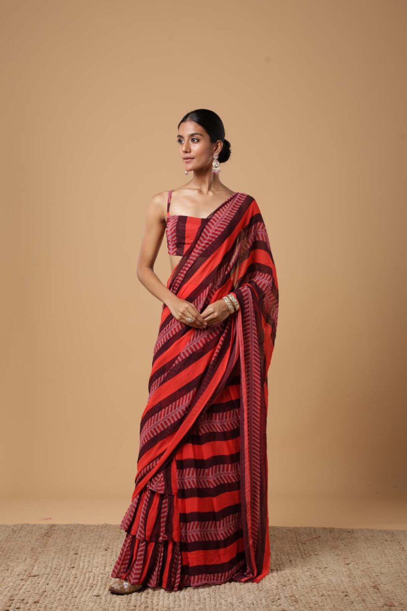 Magenta stripe print ruffle sari set
