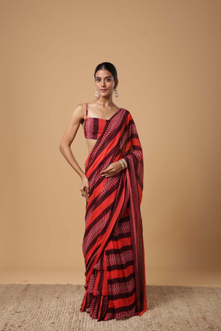 Magenta stripe print ruffle sari set - Image 2