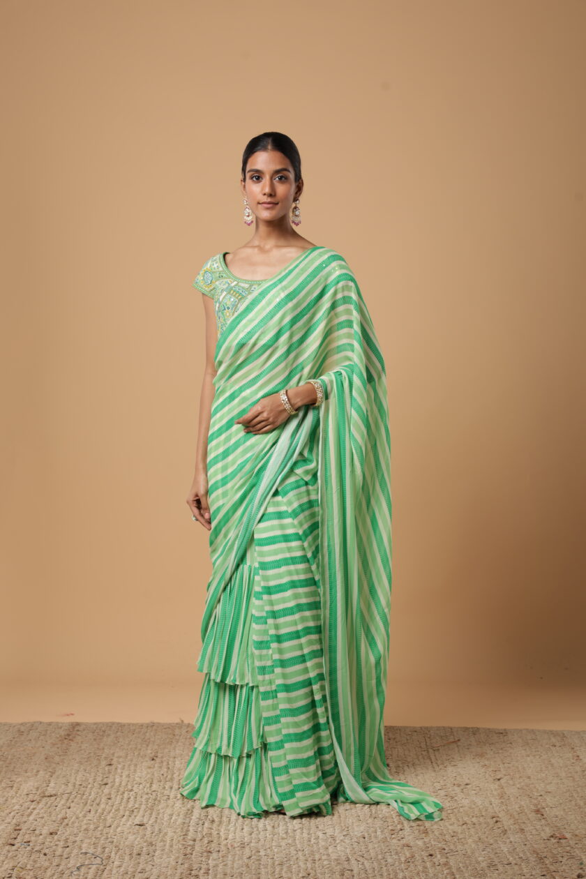 Green stripe print ruffle sari set