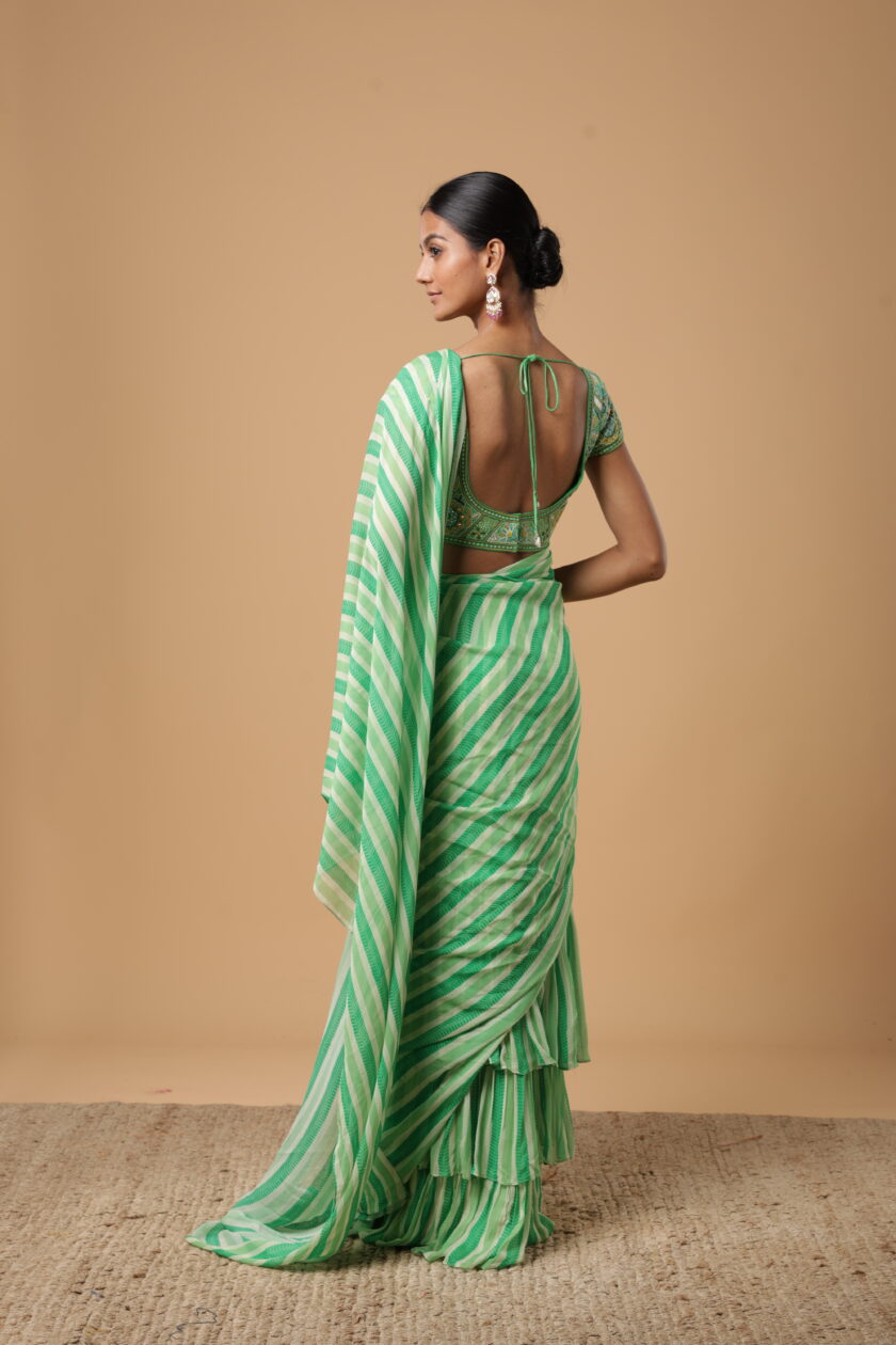 Green stripe print ruffle sari set - Image 2