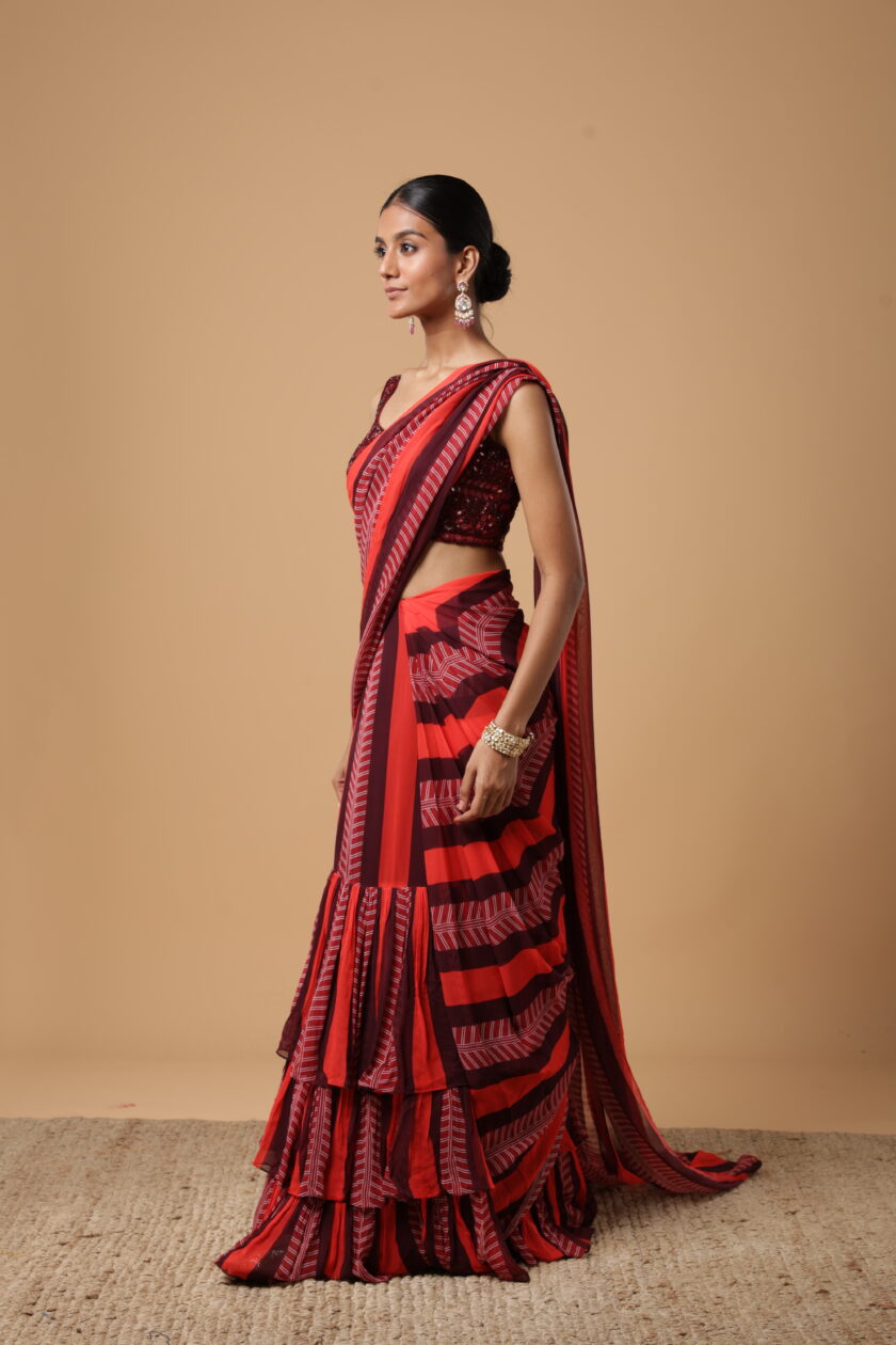 Red & maroon stripe print ruffle sari set - Image 2