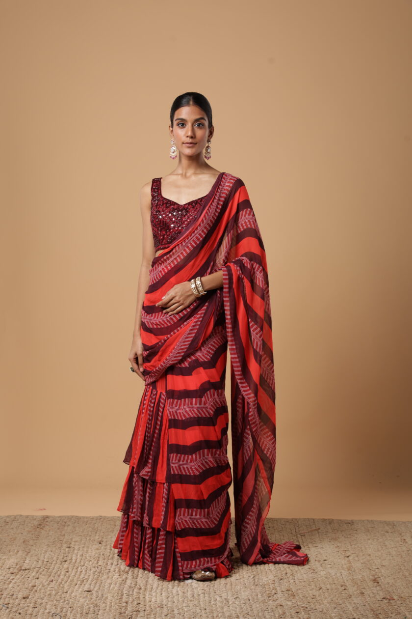 Red & maroon stripe print ruffle sari set