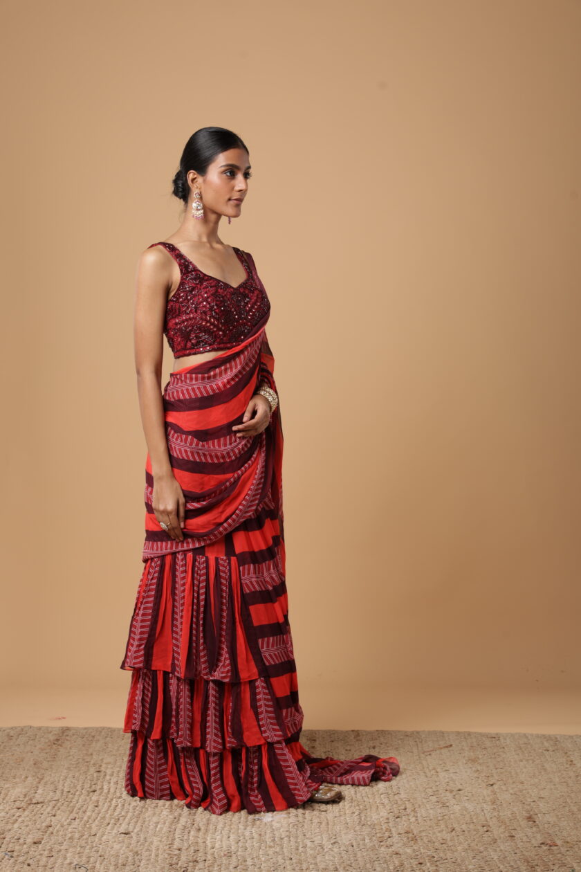 Red & maroon stripe print ruffle sari set - Image 3