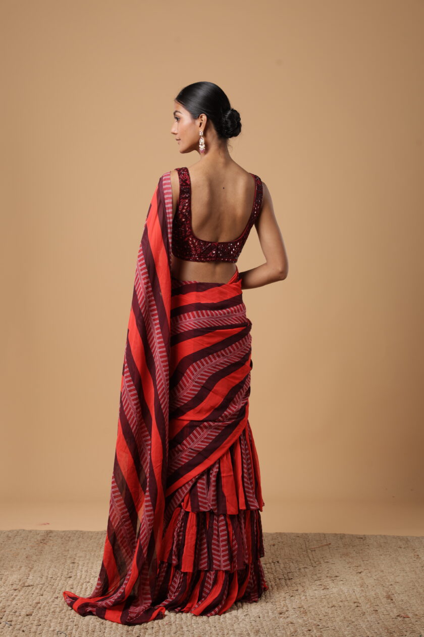 Red & maroon stripe print ruffle sari set - Image 4