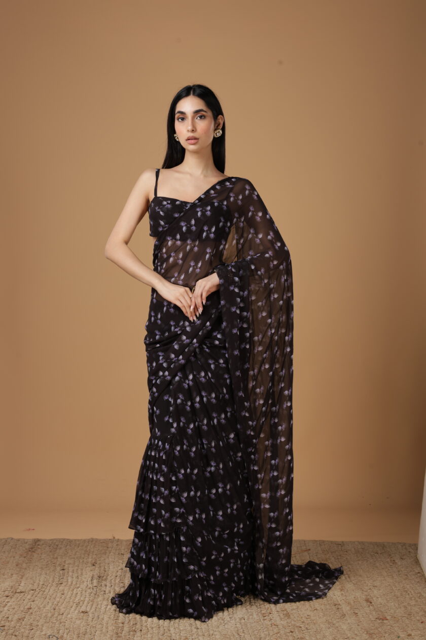 Black & purple butti print sari set