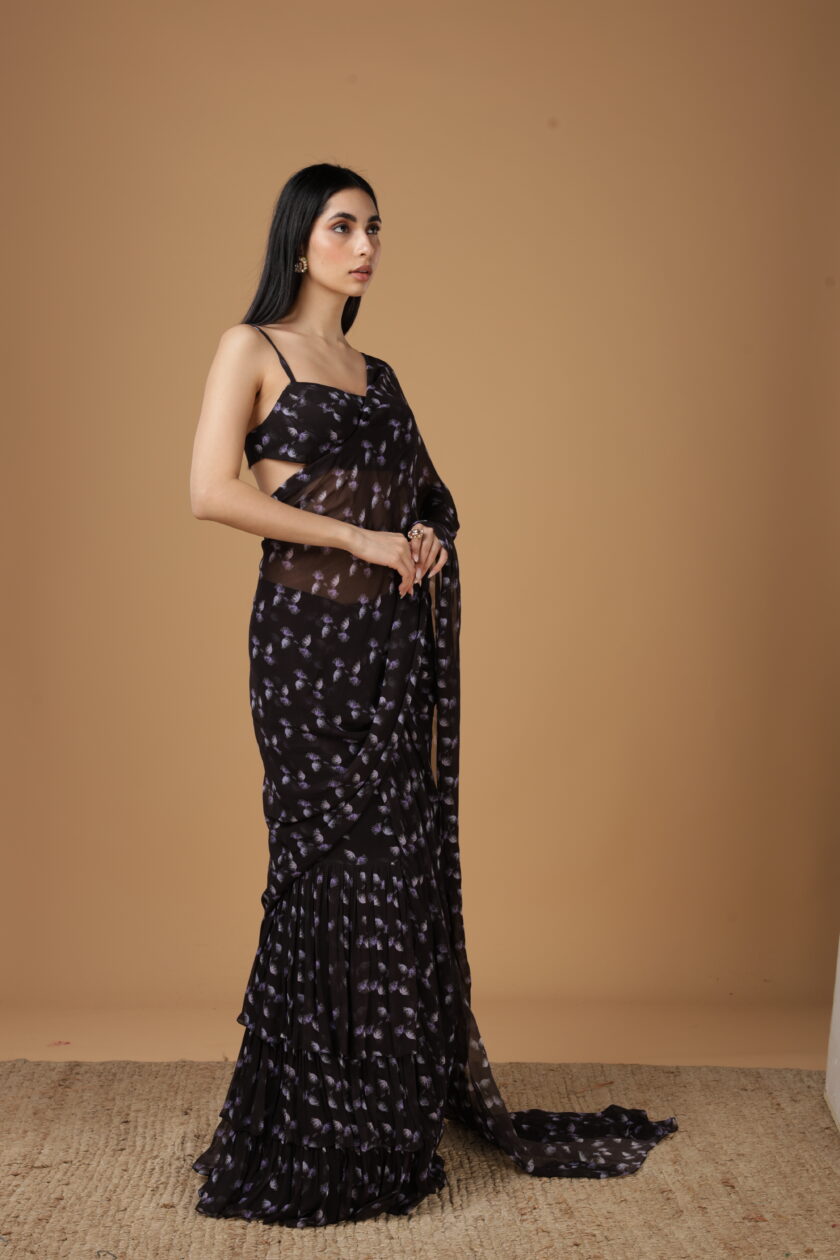 Black & purple butti print sari set - Image 2