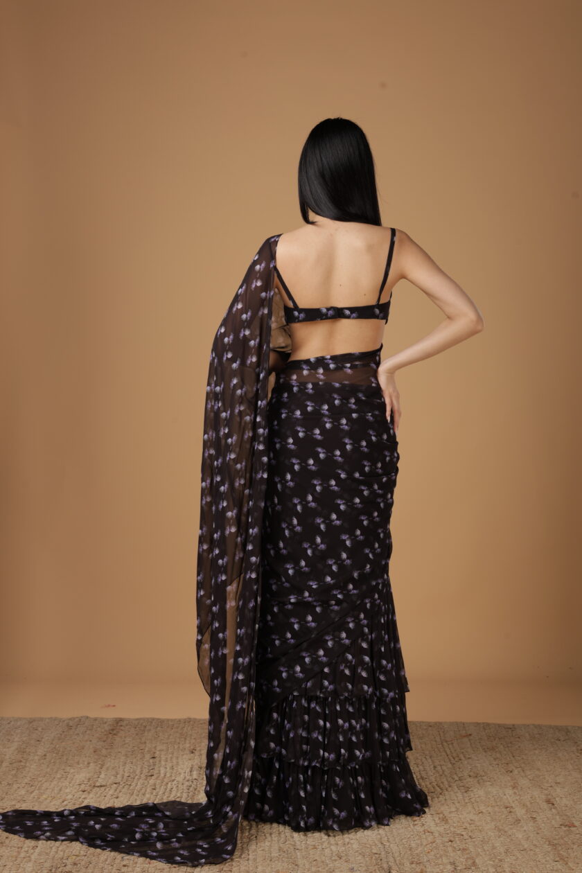 Black & purple butti print sari set - Image 3