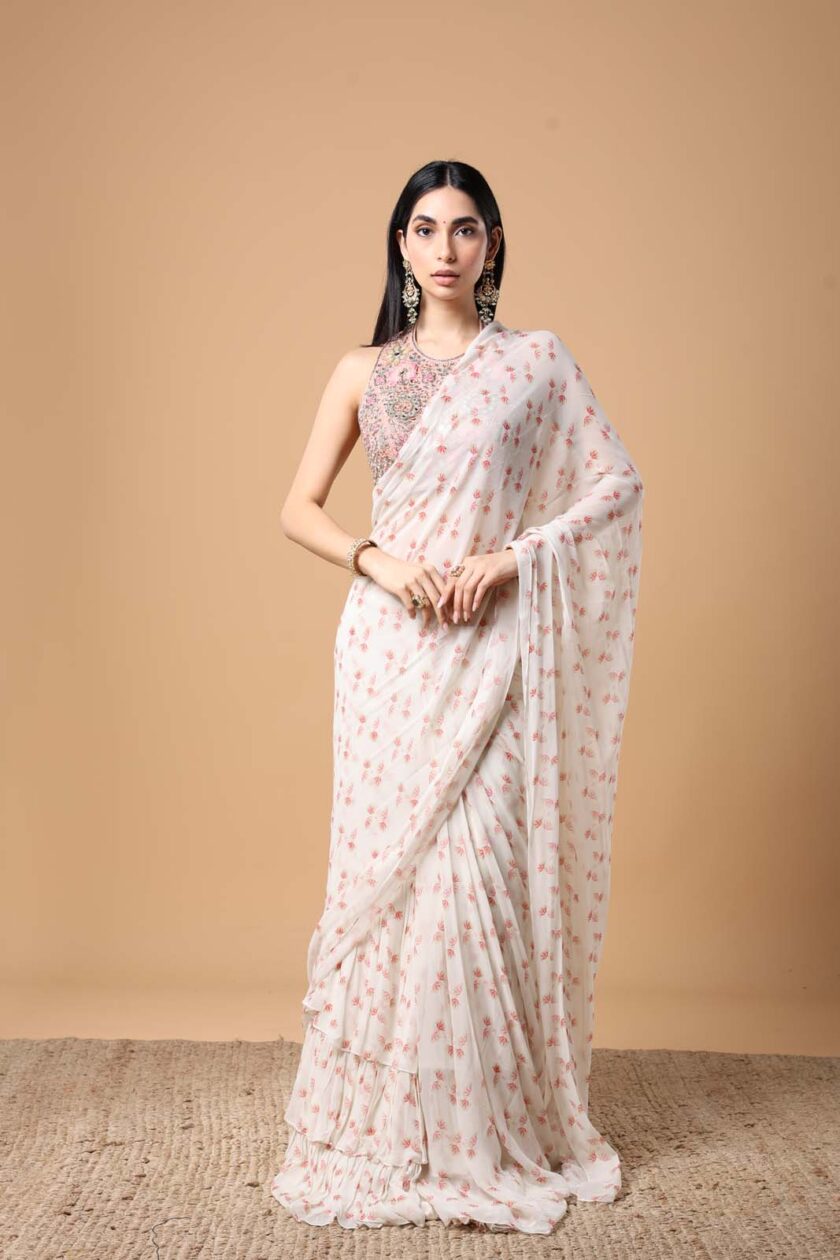 Ivory butti print ruffle sari set