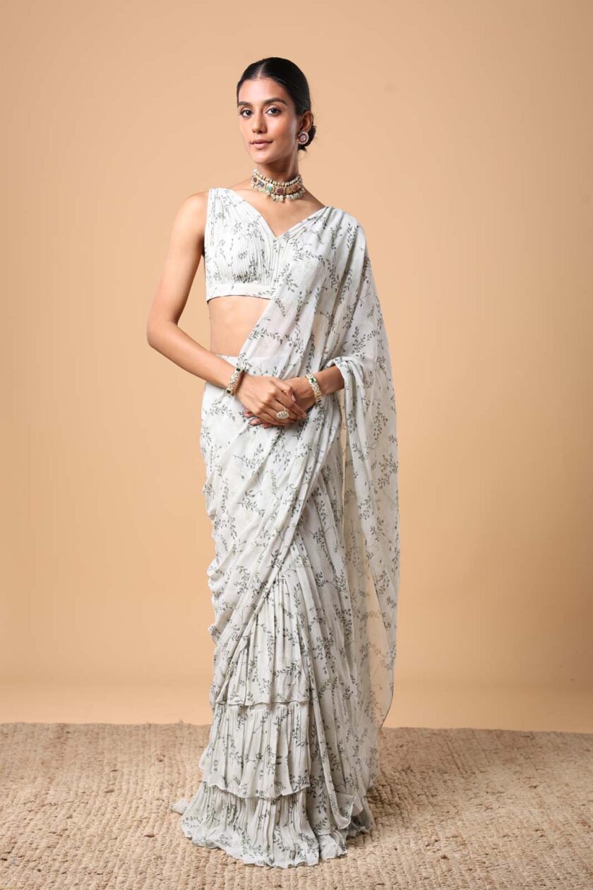 Mother of pearl & olive green twig print ruffle sari set