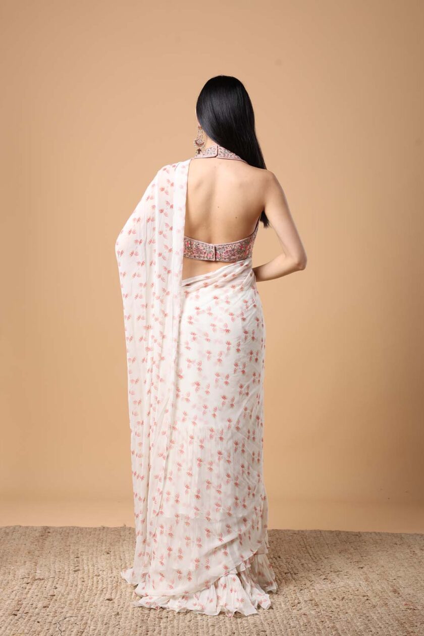 Ivory butti print ruffle sari set - Image 4