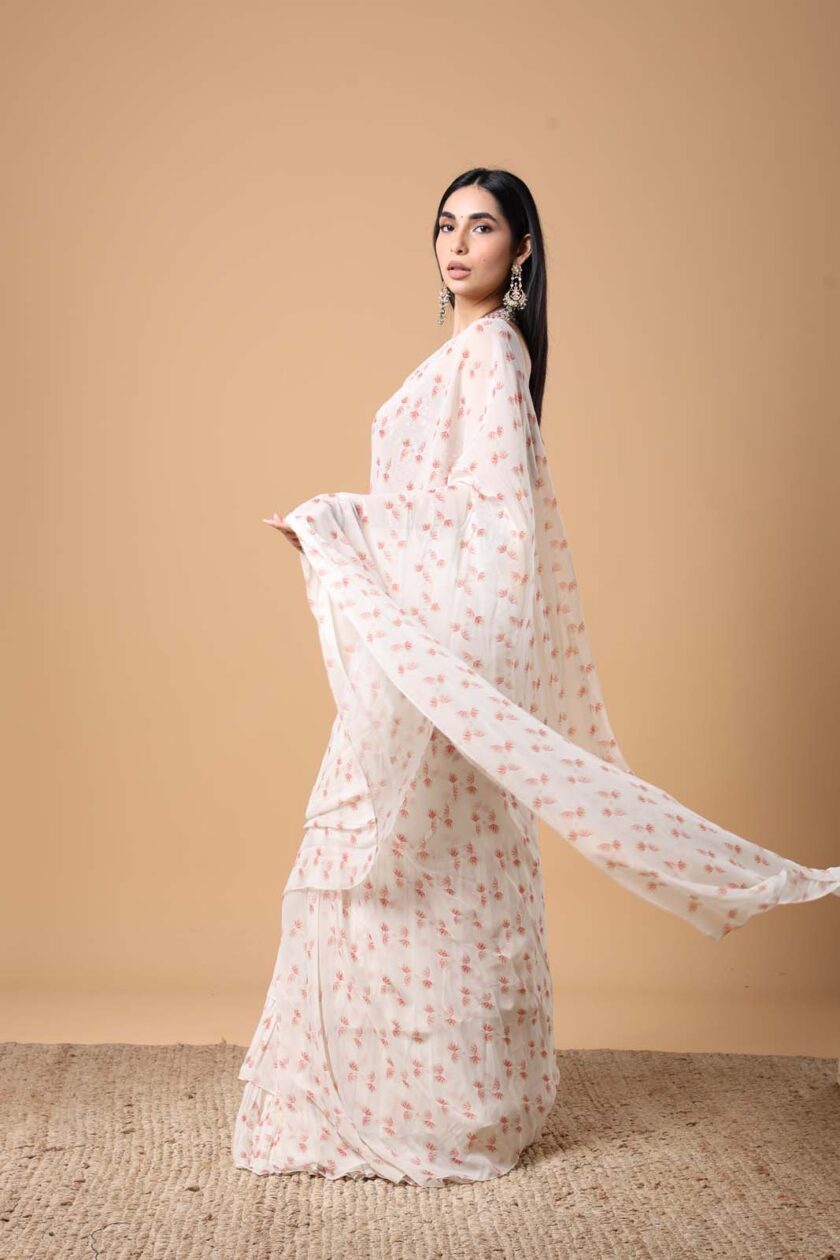 Ivory butti print ruffle sari set - Image 2