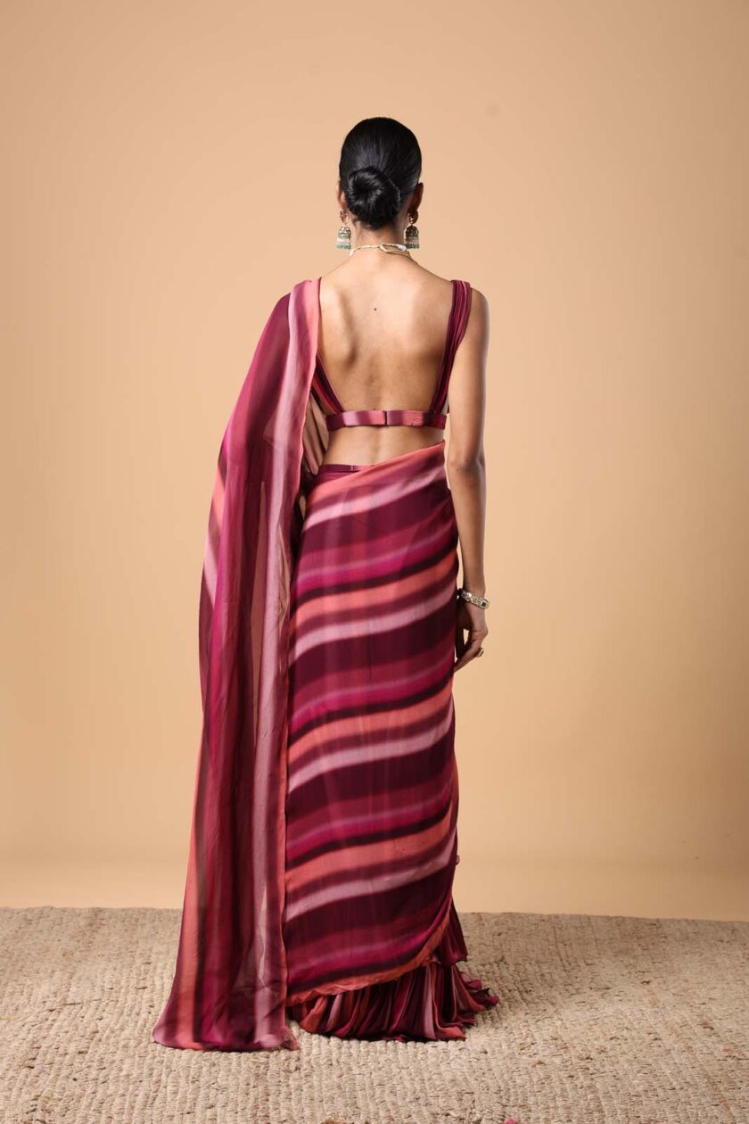 Magenta stripe print ruffle sari set - Image 2