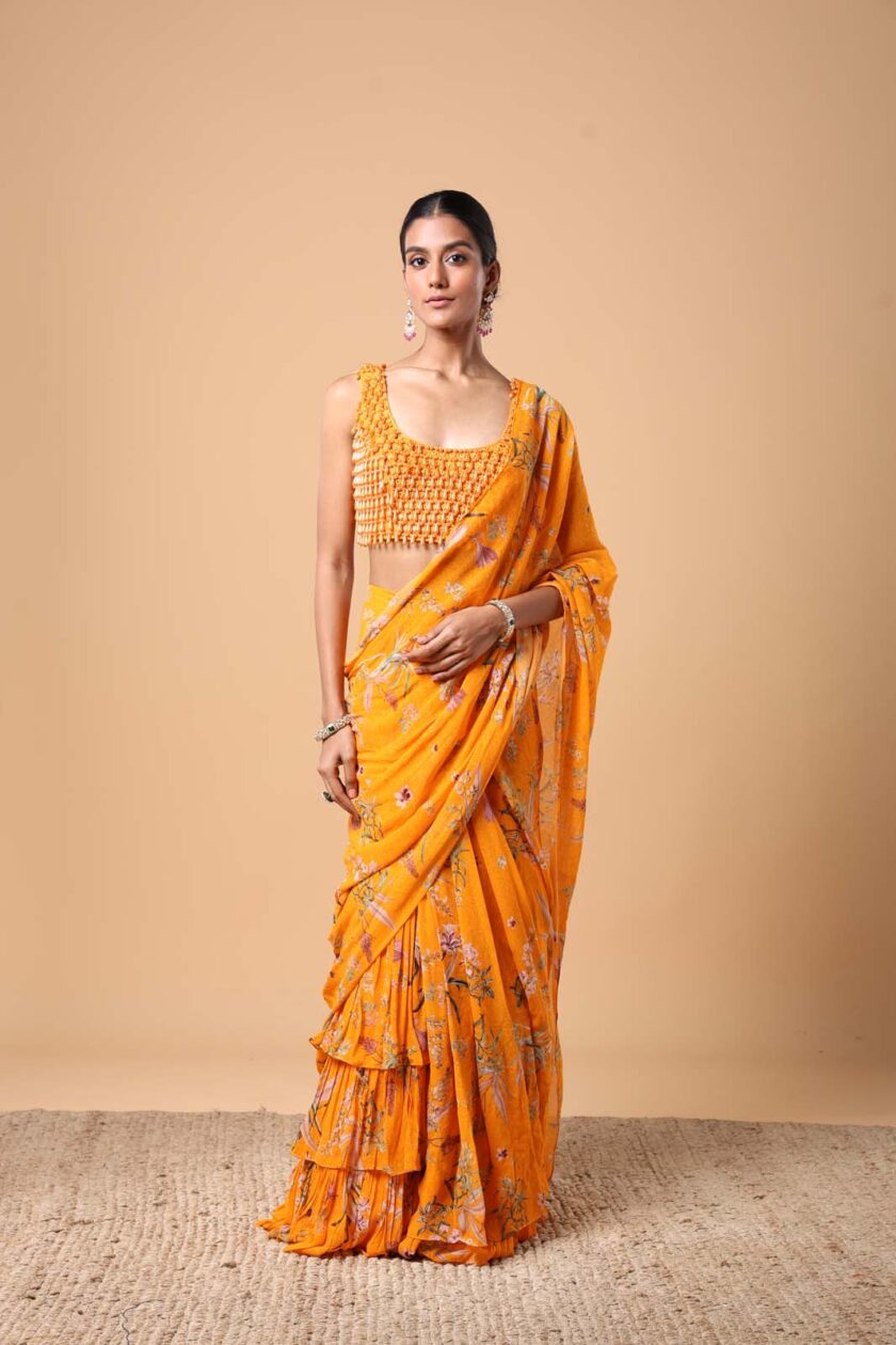 Mango floral print ruffle sari set