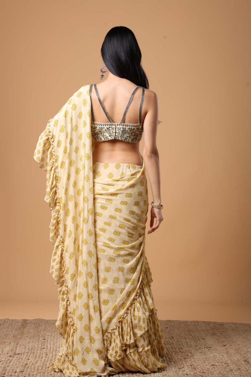 Yellow butti  print ruffle sari set - Image 4