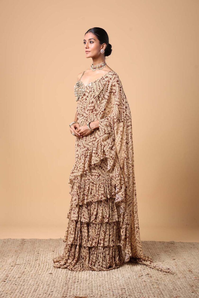 Brown fire print ruffle sari set - Image 2