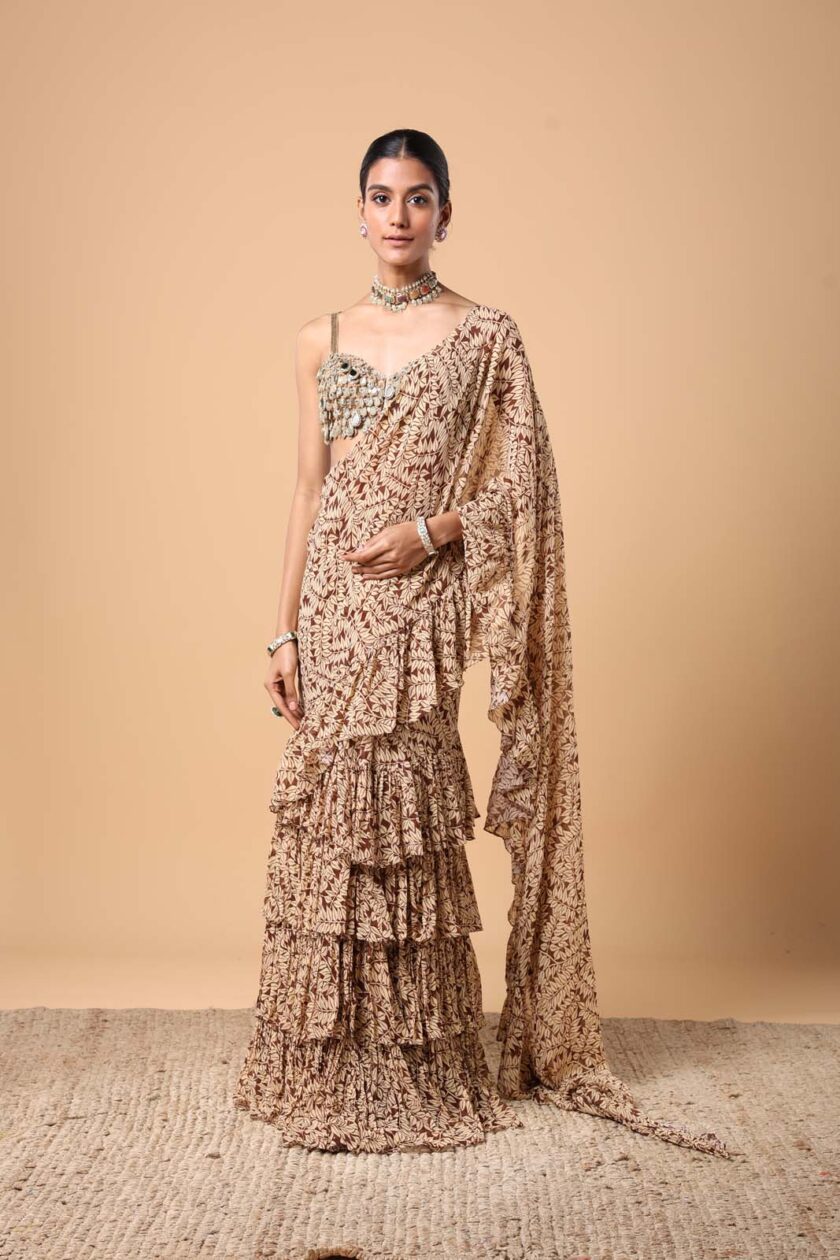 Brown fire print ruffle sari set