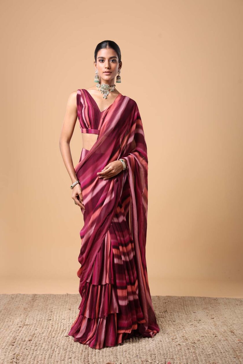 Magenta stripe print ruffle sari set